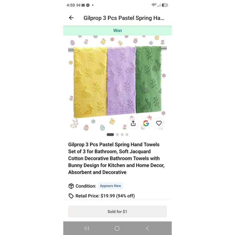 3 PCS Easter Bunny Floral Hand Towel‎ Set Purple Yellow Green Cotton 14x29
